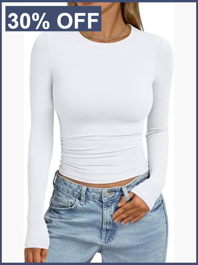 Womens Ruched Long Sleeve Crew Neck Slim Fitted Cute Tops Buttery Soft Form